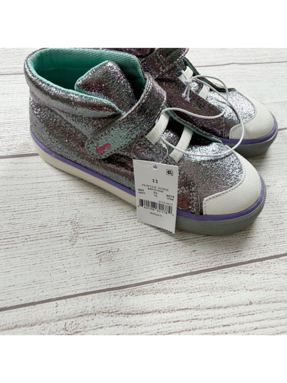 See Kai Run Girls High Top Sneakers Pewter Metallic Velcro Strap Shoes NWT 11 - Picture 3 of 4